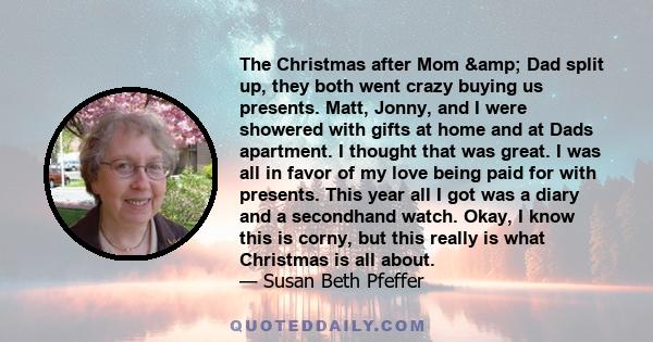 The Christmas after Mom & Dad split up, they both went crazy buying us presents. Matt, Jonny, and I were showered with gifts at home and at Dads apartment. I thought that was great. I was all in favor of my love