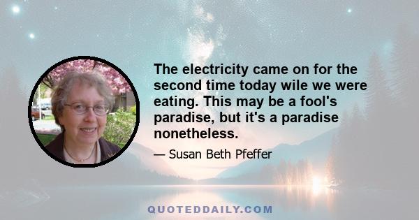 The electricity came on for the second time today wile we were eating. This may be a fool's paradise, but it's a paradise nonetheless.