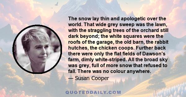 The snow lay thin and apologetic over the world. That wide grey sweep was the lawn, with the straggling trees of the orchard still dark beyond; the white squares were the roofs of the garage, the old barn, the rabbit