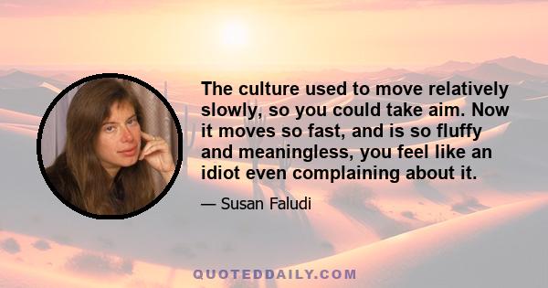 The culture used to move relatively slowly, so you could take aim. Now it moves so fast, and is so fluffy and meaningless, you feel like an idiot even complaining about it.