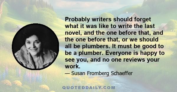 Probably writers should forget what it was like to write the last novel, and the one before that, and the one before that, or we should all be plumbers. It must be good to be a plumber. Everyone is happy to see you, and 