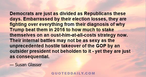 Democrats are just as divided as Republicans these days. Embarrassed by their election losses, they are fighting over everything from their diagnosis of why Trump beat them in 2016 to how much to stake themselves on an