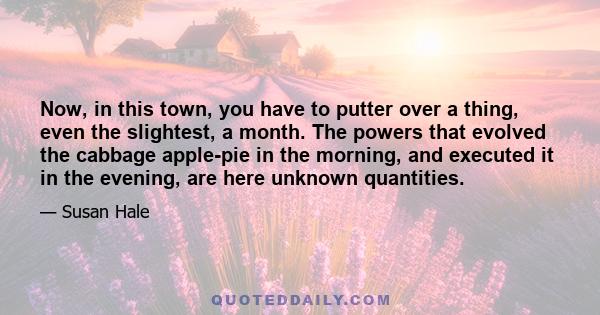 Now, in this town, you have to putter over a thing, even the slightest, a month. The powers that evolved the cabbage apple-pie in the morning, and executed it in the evening, are here unknown quantities.