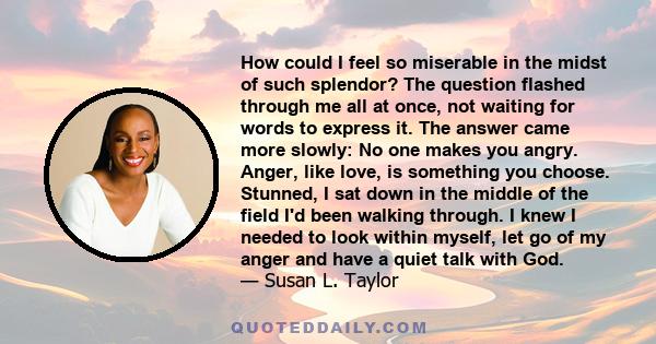 How could I feel so miserable in the midst of such splendor? The question flashed through me all at once, not waiting for words to express it. The answer came more slowly: No one makes you angry. Anger, like love, is