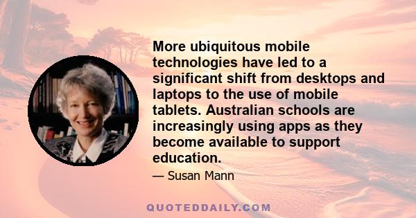 More ubiquitous mobile technologies have led to a significant shift from desktops and laptops to the use of mobile tablets. Australian schools are increasingly using apps as they become available to support education.