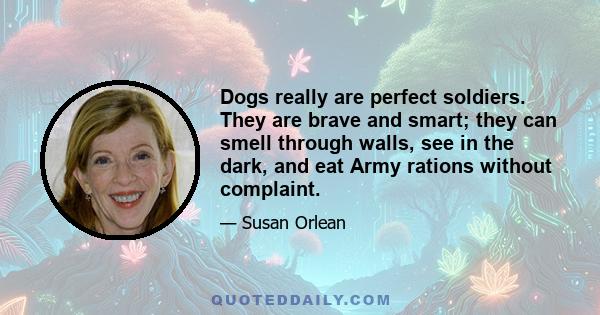 Dogs really are perfect soldiers. They are brave and smart; they can smell through walls, see in the dark, and eat Army rations without complaint.