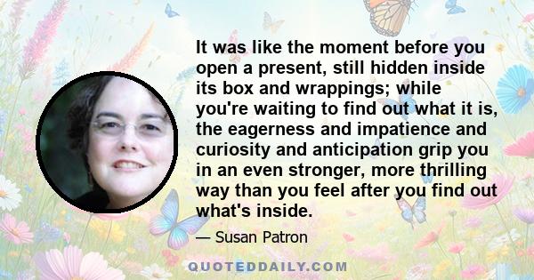 It was like the moment before you open a present, still hidden inside its box and wrappings; while you're waiting to find out what it is, the eagerness and impatience and curiosity and anticipation grip you in an even