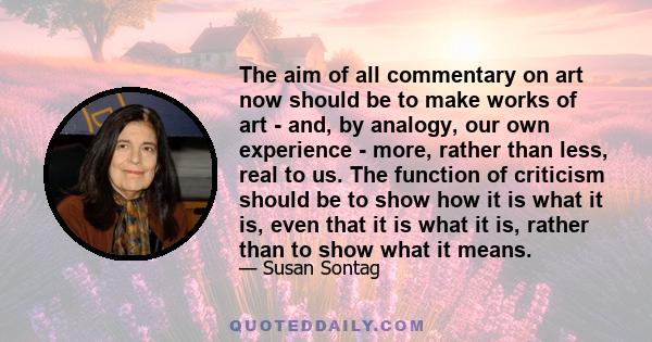 The aim of all commentary on art now should be to make works of art - and, by analogy, our own experience - more, rather than less, real to us. The function of criticism should be to show how it is what it is, even that 