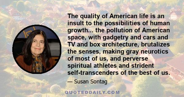 The quality of American life is an insult to the possibilities of human growth... the pollution of American space, with gadgetry and cars and TV and box architecture, brutalizes the senses, making gray neurotics of most 