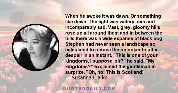 When he awoke it was dawn. Or something like dawn. The light was watery, dim and incomparably sad. Vast, grey, gloomy hills rose up all around them and in between the hills there was a wide expanse of black bog. Stephen 