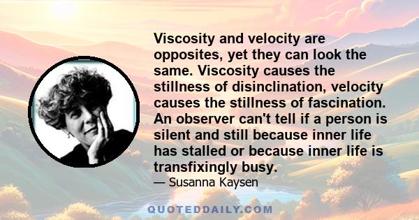 Viscosity and velocity are opposites, yet they can look the same. Viscosity causes the stillness of disinclination, velocity causes the stillness of fascination. An observer can't tell if a person is silent and still