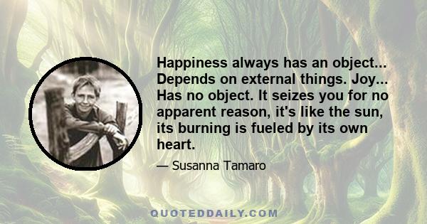 Happiness always has an object... Depends on external things. Joy... Has no object. It seizes you for no apparent reason, it's like the sun, its burning is fueled by its own heart.