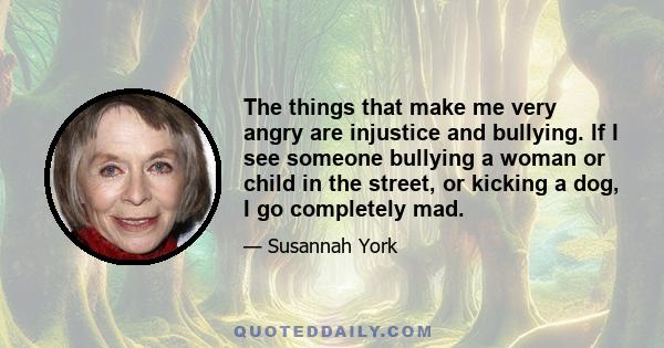 The things that make me very angry are injustice and bullying. If I see someone bullying a woman or child in the street, or kicking a dog, I go completely mad.