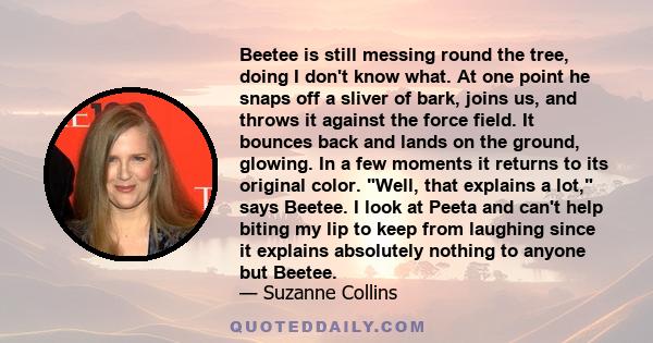 Beetee is still messing round the tree, doing I don't know what. At one point he snaps off a sliver of bark, joins us, and throws it against the force field. It bounces back and lands on the ground, glowing. In a few