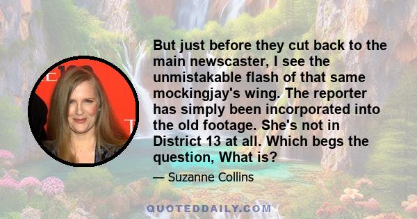 But just before they cut back to the main newscaster, I see the unmistakable flash of that same mockingjay's wing. The reporter has simply been incorporated into the old footage. She's not in District 13 at all. Which