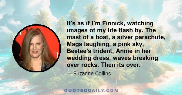 It's as if I'm Finnick, watching images of my life flash by. The mast of a boat, a silver parachute, Mags laughing, a pink sky, Beetee's trident, Annie in her wedding dress, waves breaking over rocks. Then its over.