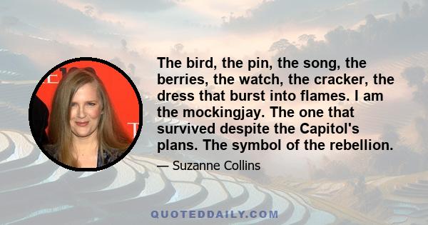 The bird, the pin, the song, the berries, the watch, the cracker, the dress that burst into flames. I am the mockingjay. The one that survived despite the Capitol's plans. The symbol of the rebellion.