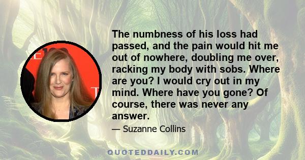 The numbness of his loss had passed, and the pain would hit me out of nowhere, doubling me over, racking my body with sobs. Where are you? I would cry out in my mind. Where have you gone? Of course, there was never any