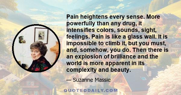 Pain heightens every sense. More powerfully than any drug, it intensifies colors, sounds, sight, feelings. Pain is like a glass wall. It is impossible to climb it, but you must, and, somehow, you do. Then there is an