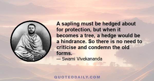 A sapling must be hedged about for protection, but when it becomes a tree, a hedge would be a hindrance. So there is no need to criticise and condemn the old forms.