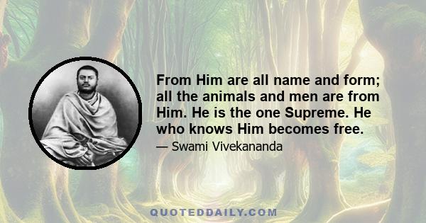 From Him are all name and form; all the animals and men are from Him. He is the one Supreme. He who knows Him becomes free.