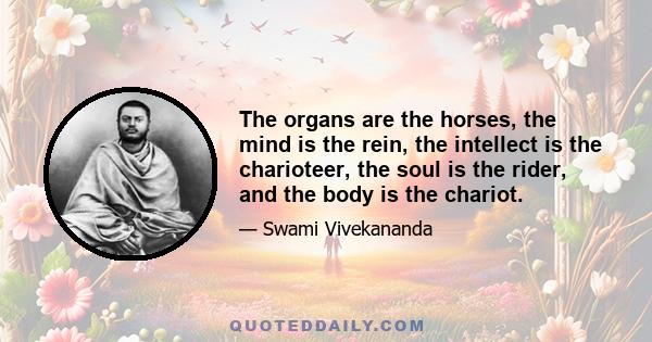 The organs are the horses, the mind is the rein, the intellect is the charioteer, the soul is the rider, and the body is the chariot.