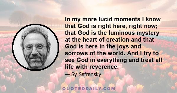 In my more lucid moments I know that God is right here, right now; that God is the luminous mystery at the heart of creation and that God is here in the joys and sorrows of the world. And I try to see God in everything