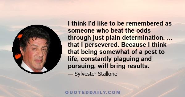 I think I'd like to be remembered as someone who beat the odds through just plain determination. ... that I persevered. Because I think that being somewhat of a pest to life, constantly plaguing and pursuing, will bring 