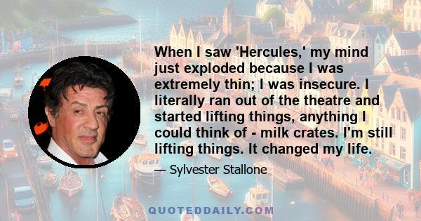 When I saw 'Hercules,' my mind just exploded because I was extremely thin; I was insecure. I literally ran out of the theatre and started lifting things, anything I could think of - milk crates. I'm still lifting