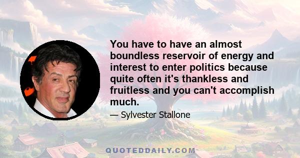 You have to have an almost boundless reservoir of energy and interest to enter politics because quite often it's thankless and fruitless and you can't accomplish much.