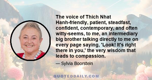 The voice of Thich Nhat Hanh-friendly, patient, steadfast, confident, contemporary, and often witty-seems, to me, an intermediary big brother talking directly to me on every page saying, 'Look! It's right there in you,' 