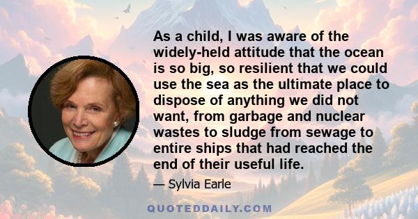 As a child, I was aware of the widely-held attitude that the ocean is so big, so resilient that we could use the sea as the ultimate place to dispose of anything we did not want, from garbage and nuclear wastes to