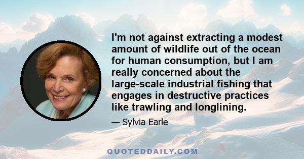 I'm not against extracting a modest amount of wildlife out of the ocean for human consumption, but I am really concerned about the large-scale industrial fishing that engages in destructive practices like trawling and