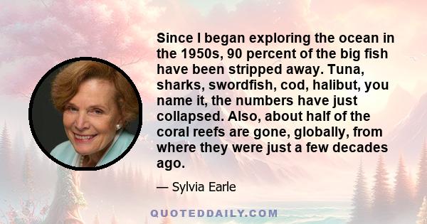 Since I began exploring the ocean in the 1950s, 90 percent of the big fish have been stripped away. Tuna, sharks, swordfish, cod, halibut, you name it, the numbers have just collapsed. Also, about half of the coral