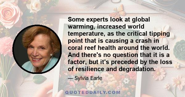 Some experts look at global warming, increased world temperature, as the critical tipping point that is causing a crash in coral reef health around the world. And there's no question that it is a factor, but it's