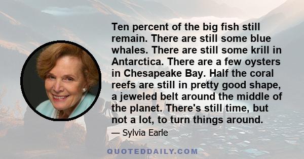 Ten percent of the big fish still remain. There are still some blue whales. There are still some krill in Antarctica. There are a few oysters in Chesapeake Bay. Half the coral reefs are still in pretty good shape, a