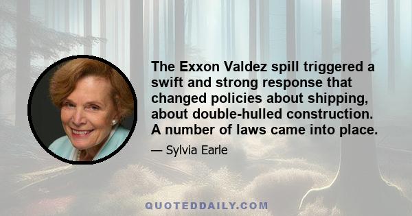 The Exxon Valdez spill triggered a swift and strong response that changed policies about shipping, about double-hulled construction. A number of laws came into place.