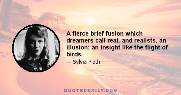 A fierce brief fusion which dreamers call real, and realists, an illusion; an insight like the flight of birds.