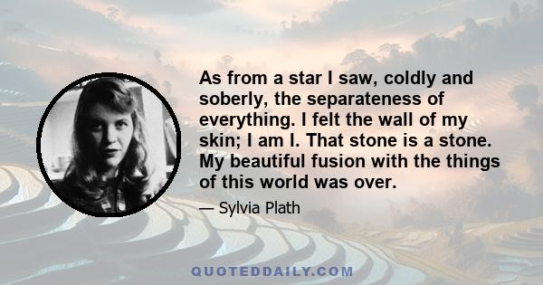 As from a star I saw, coldly and soberly, the separateness of everything. I felt the wall of my skin; I am I. That stone is a stone. My beautiful fusion with the things of this world was over.