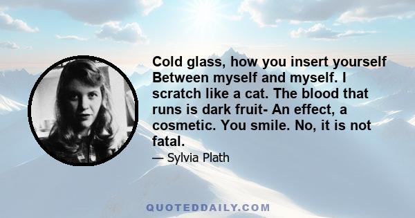 Cold glass, how you insert yourself Between myself and myself. I scratch like a cat. The blood that runs is dark fruit- An effect, a cosmetic. You smile. No, it is not fatal.