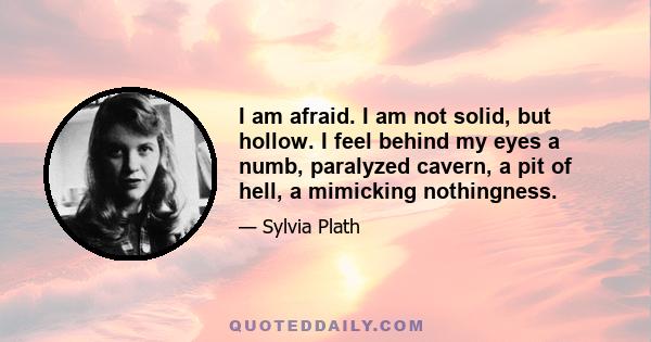 I am afraid. I am not solid, but hollow. I feel behind my eyes a numb, paralyzed cavern, a pit of hell, a mimicking nothingness.