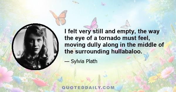 I felt very still and empty, the way the eye of a tornado must feel, moving dully along in the middle of the surrounding hullabaloo.