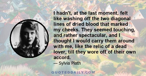 I hadn't, at the last moment, felt like washing off the two diagonal lines of dried blood that marked my cheeks. They seemed touching, and rather spectacular, and I thought I would carry them around with me, like the