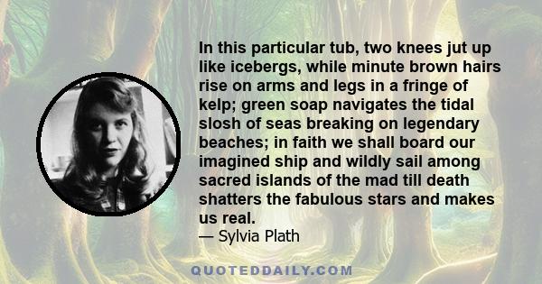 In this particular tub, two knees jut up like icebergs, while minute brown hairs rise on arms and legs in a fringe of kelp; green soap navigates the tidal slosh of seas breaking on legendary beaches; in faith we shall