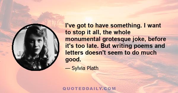 I've got to have something. I want to stop it all, the whole monumental grotesque joke, before it's too late. But writing poems and letters doesn't seem to do much good.