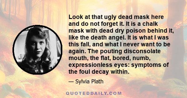 Look at that ugly dead mask here and do not forget it. It is a chalk mask with dead dry poison behind it, like the death angel. It is what I was this fall, and what I never want to be again. The pouting disconsolate