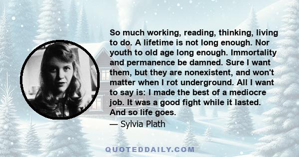 So much working, reading, thinking, living to do. A lifetime is not long enough. Nor youth to old age long enough. Immortality and permanence be damned. Sure I want them, but they are nonexistent, and won't matter when