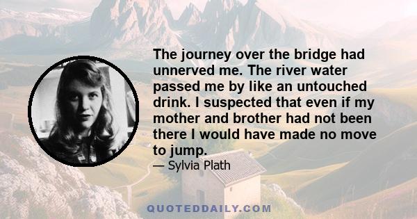 The journey over the bridge had unnerved me. The river water passed me by like an untouched drink. I suspected that even if my mother and brother had not been there I would have made no move to jump.