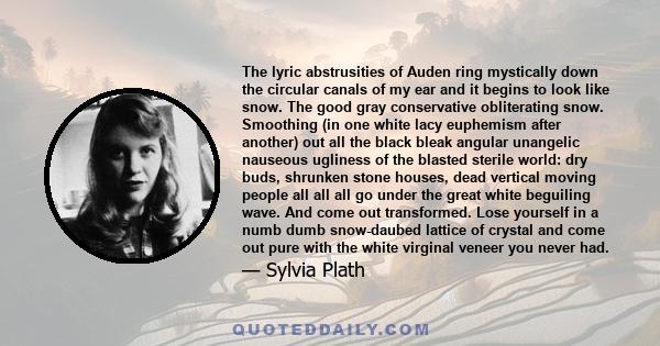 The lyric abstrusities of Auden ring mystically down the circular canals of my ear and it begins to look like snow. The good gray conservative obliterating snow. Smoothing (in one white lacy euphemism after another) out 