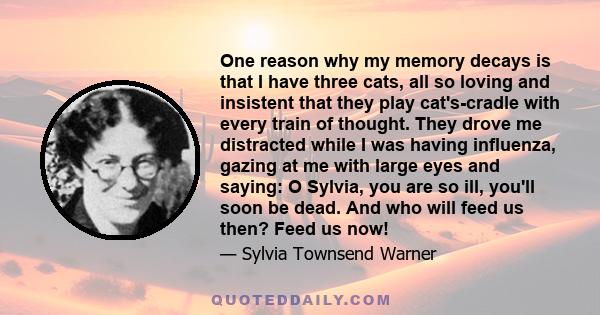 One reason why my memory decays is that I have three cats, all so loving and insistent that they play cat's-cradle with every train of thought. They drove me distracted while I was having influenza, gazing at me with